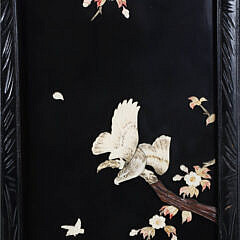 Antique Hand Carved, Black Lacquer Table Top 4 Panel Folding Screen