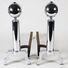 Pair of Art Deco Style Polished Chrome Ball Top Andirons and Matching Fender