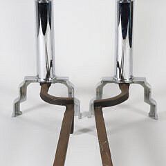 Pair of Art Deco Style Polished Chrome Ball Top Andirons and Matching Fender