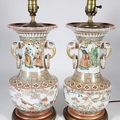Pair of Chinese Famille Rose Porcelain Vases, 19th Century, Mounted as Lamps