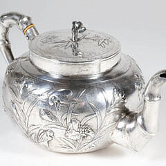 Chinese Export Silver Teapot Embossed with Lilies and Waterfowl, Stamped Shanghai