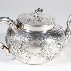 Chinese Export Silver Teapot Embossed with Lilies and Waterfowl, Stamped Shanghai