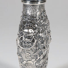 Chinese Export Silver Medicine Bottle with Cityscape Embossed Design