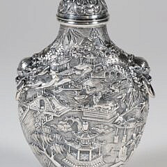 Chinese Export Silver Medicine Bottle with Cityscape Embossed Design
