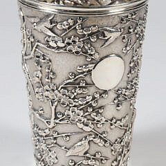 Chinese Export Silver Beaker with Repousse Prunus Blossoms and Birds, Signed Luen Wo