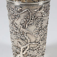 Chinese Export Silver Beaker with Repousse Prunus Blossoms and Birds, Signed Luen Wo