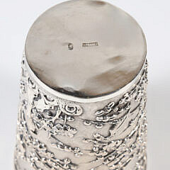 Chinese Export Silver Beaker with Repousse Prunus Blossoms and Birds, Signed Luen Wo