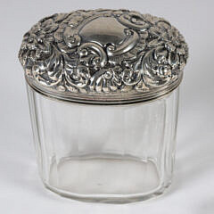 Sterling Silver Floral Embossed Hand Mirror and Covered Glass Bottle