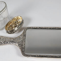 Sterling Silver Floral Embossed Hand Mirror and Covered Glass Bottle