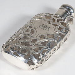 Antique Art Nouveau Sterling Silver Overlay Glass Flask