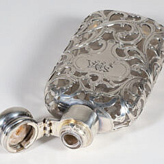 Antique Art Nouveau Sterling Silver Overlay Glass Flask