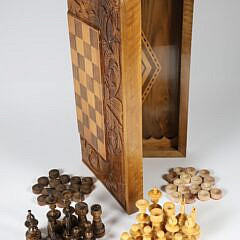 Vintage Wood Chess and Checkerboard Box with Carved Wood Playing Pieces