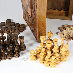 Vintage Wood Chess and Checkerboard Box with Carved Wood Playing Pieces