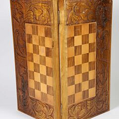 Vintage Wood Chess and Checkerboard Box with Carved Wood Playing Pieces