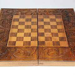 Vintage Wood Chess and Checkerboard Box with Carved Wood Playing Pieces