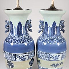 Pair of Chinese Canton Blue and White Porcelain Vases Mounted as Lamps