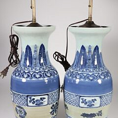 Pair of Chinese Canton Blue and White Porcelain Vases Mounted as Lamps