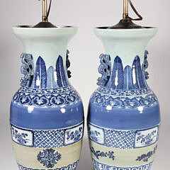 Pair of Chinese Canton Blue and White Porcelain Vases Mounted as Lamps