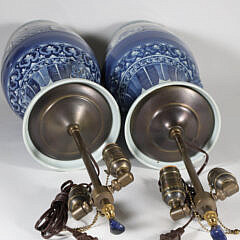 Pair of Chinese Canton Blue and White Porcelain Vases Mounted as Lamps