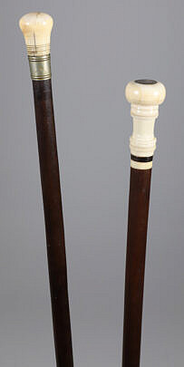 Two Whaler Made Antique Whale Ivory and Wood Walking Sticks, Mid-19th Century