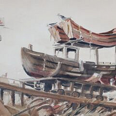 George C. Thomas II Watercolor on Paper View of Boatyard “By the Way Nantucket”, circa 1952
