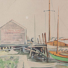 J. McDowell Nantucket Watercolor “Yerxas Boat Straight Wharf,” circa 1947