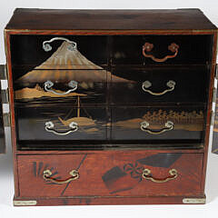Antique Japanese Multi-wood Inlaid and Painted Lacquer Cabinet, 19th Century