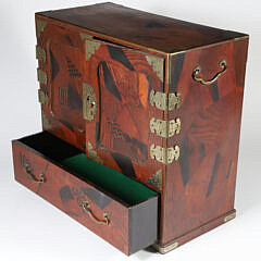 Antique Japanese Multi-wood Inlaid and Painted Lacquer Cabinet, 19th Century