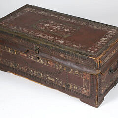 Leather Wrapped Floral Painted Chinese Export Camphorwood Trunk, 19th Century