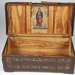 Leather Wrapped Floral Painted Chinese Export Camphorwood Trunk, 19th Century