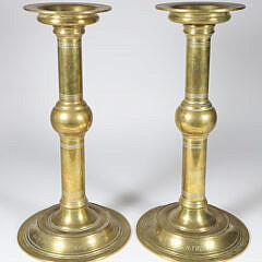 Pair of Antique Persian Engraved Brass Candlesticks, Dated 1914