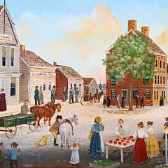 Elizabeth Mumford Folk Art Oil on Board “View of Lower Main Street”