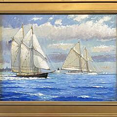 William Lowe (American b. 1944) Oil on Linen "Passing Brant Point Light Nantucket Harbor"