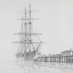 John Stobart Limited Edition Signed Print of Docked Ship at Pier, Ed 281/350