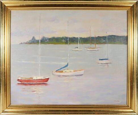 2-4524 Richard Stalter Oil 5 Sailboats in Calm Harbor A_IMG_9877