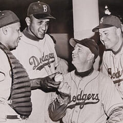 1955 Brooklyn Dodgers Photograph of Ron Campanella, Don Newcombe, Walter Alston and Duke Snider