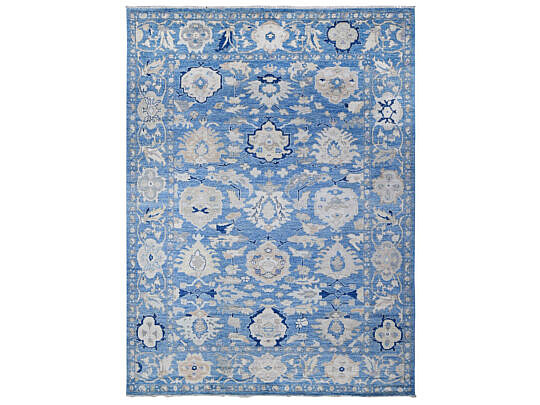 Hand Knotted Natural Dyes Blue and White Angora Oushak Oriental Rug
