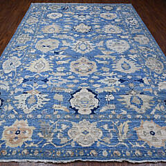 Hand Knotted Natural Dyes Blue and White Angora Oushak Oriental Rug