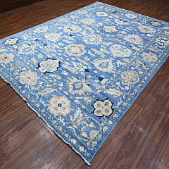 Hand Knotted Natural Dyes Blue and White Angora Oushak Oriental Rug