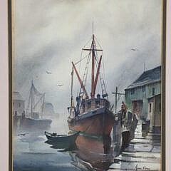 John Hare Watercolor on Paper “Fishing Boats Docked”
