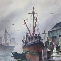 John Hare Watercolor on Paper “Fishing Boats Docked”