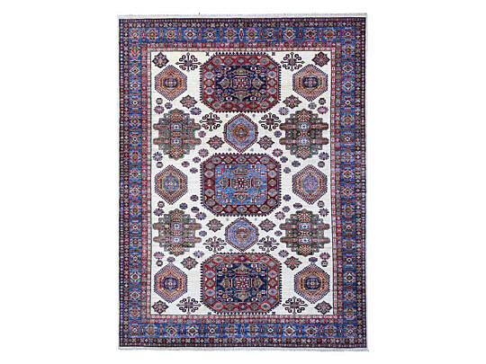 Shorline White and Sapphire Blue Hand Knotted Wood Kazak Style Carpet