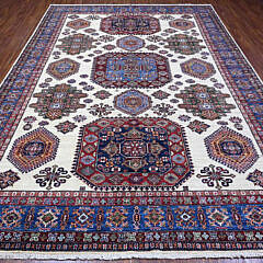 Shoreline White and Sapphire Blue Hand Knotted Wool Kazak Style Oriental Carpet