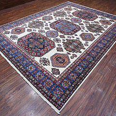 Shoreline White and Sapphire Blue Hand Knotted Wool Kazak Style Oriental Carpet