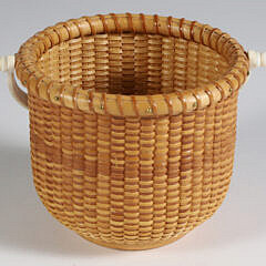 Jean M. Valerio Two-Egg Nantucket Basket, Scrimshaw Swing Handle “She Collects Seashells Down by the Seashore”