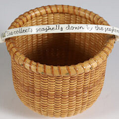 Jean M. Valerio Two-Egg Nantucket Basket, Scrimshaw Swing Handle “She Collects Seashells Down by the Seashore”