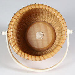 Jean M. Valerio Two-Egg Nantucket Basket, Scrimshaw Swing Handle “She Collects Seashells Down by the Seashore”