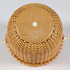 Jean M. Valerio Two-Egg Nantucket Basket, Scrimshaw Swing Handle “She Collects Seashells Down by the Seashore”