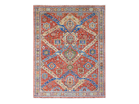 Crimson Red Hand Knotted Wool Heriz Style Oriental Carpet