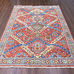 Crimson Red Hand Knotted Wool Heriz Style Oriental Carpet